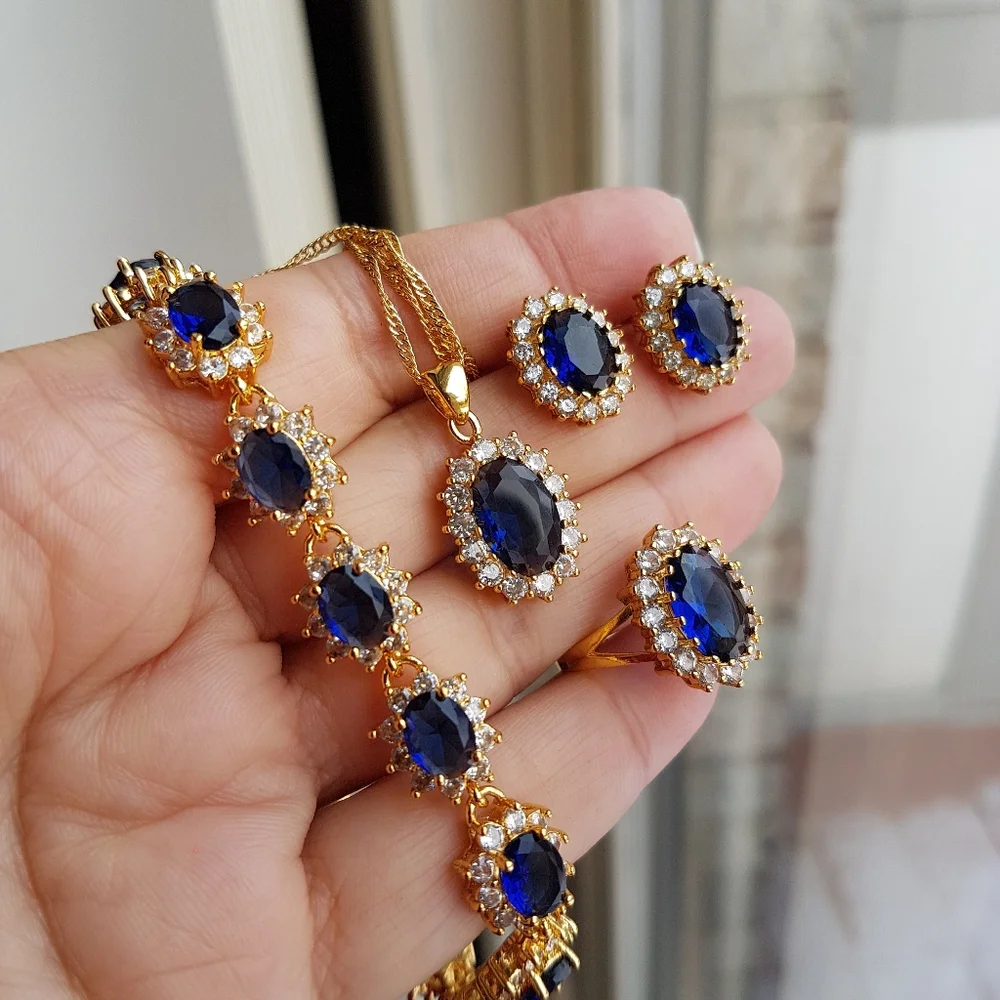 Swarovski Elements Gold 925 Sterling Silver Blue Sapphire Diana Oval Ring NEW